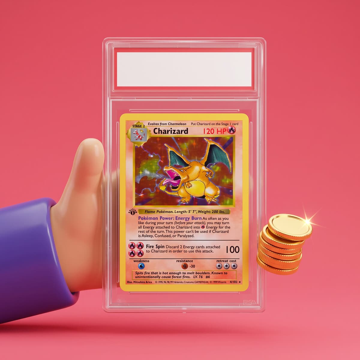 A hand holding a graded Charizard slab beside a stack of gold coins on a strawberry ground