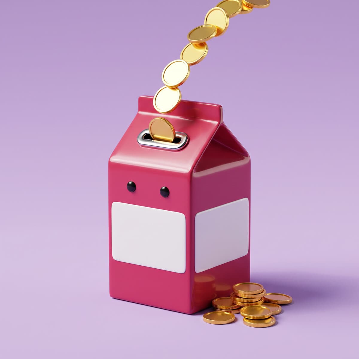 A strawberry-pink MLKY carton as a piggy bank, gold coins pouring into the slot, on a taro ground
